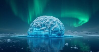 Eteryczna góra lodowa w kształcie mózgu, pełna hologramów kodu, symbolizująca AI przyszłości.