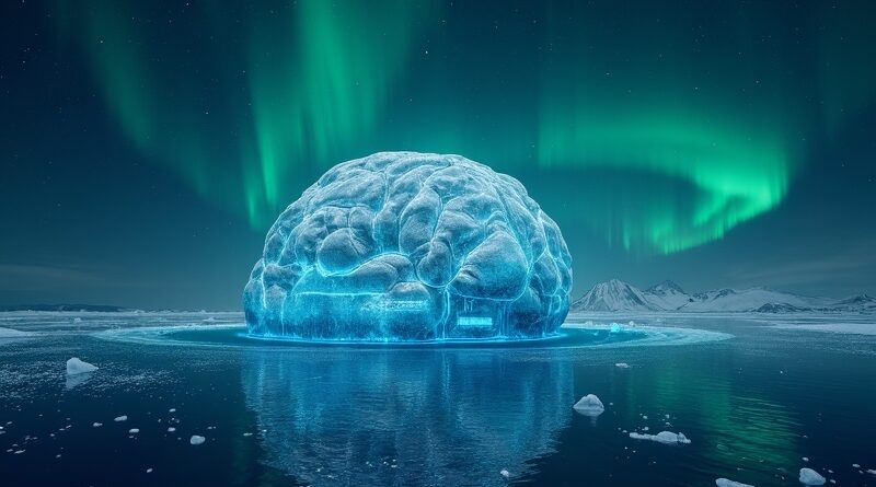 Eteryczna góra lodowa w kształcie mózgu, pełna hologramów kodu, symbolizująca AI przyszłości.