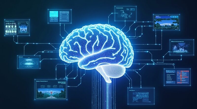 Świetlisty mózg z kabli światłowodowych połączony z ekranami danych. Inteligencja, komunikacja, hiperrealizm, sen.