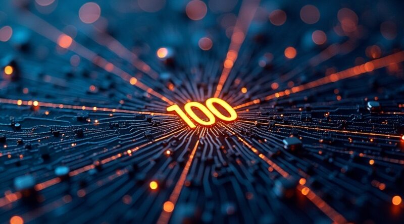 Abstrakcyjna, neonowa płyta główna-miasto, z ukrytym, złotym "100", symbolizująca moc ChatGPT Pro dla programistów.