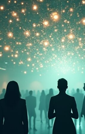 Sieć połączonych węzłów nad grupą współpracujących ludzi, symbolizująca erę inteligencji i wspólny dobrobyt.