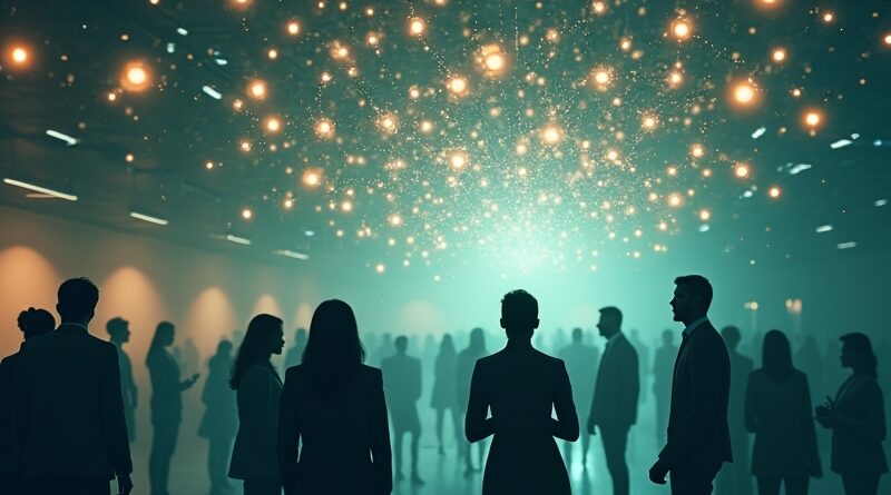 Sieć połączonych węzłów nad grupą współpracujących ludzi, symbolizująca erę inteligencji i wspólny dobrobyt.