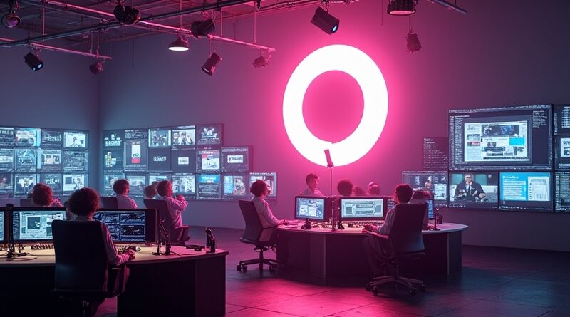 Gigantyczne, świecące logo OpenAI pochłania studio telewizyjne. Aluzja do przejęcia TBPN i wpływu na media.