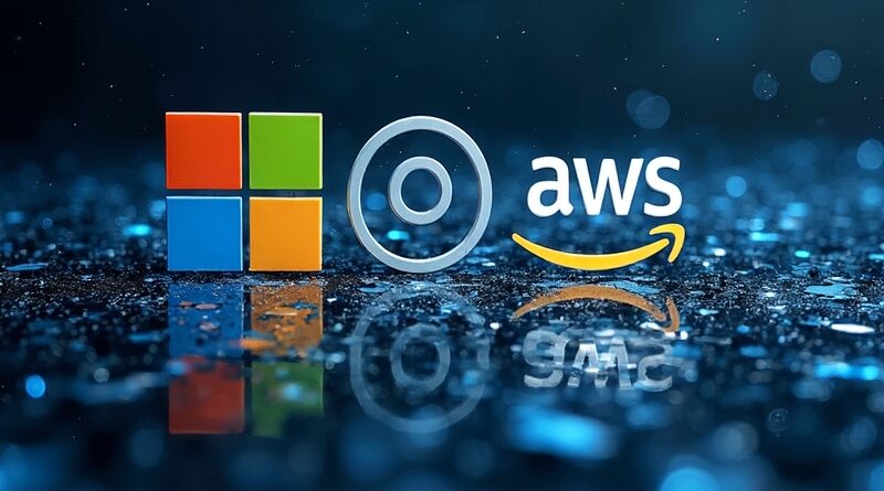 Rozbite lustro odbija logotypy Microsoftu, OpenAI i AWS na tle obłoku. Symboliczne rozluźnienie partnerstwa.