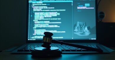 Sala sądowa, ekran z kodem, złamany młotek, duch uniwersytetu. Konflikt AI z prawem w sprawie tragicznej strzelaniny.