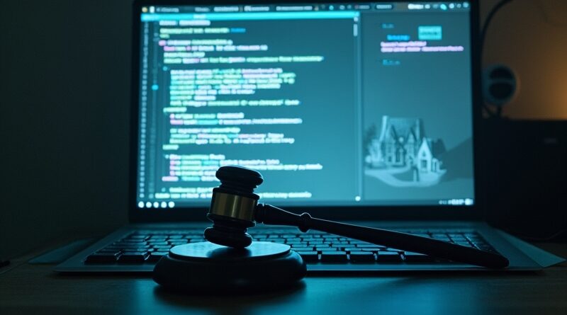 Sala sądowa, ekran z kodem, złamany młotek, duch uniwersytetu. Konflikt AI z prawem w sprawie tragicznej strzelaniny.