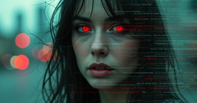 Kobieta rozpadająca się na kod binarny, odzwierciedlenie cyfrowego zniewolenia i psychologicznego rozpadu.