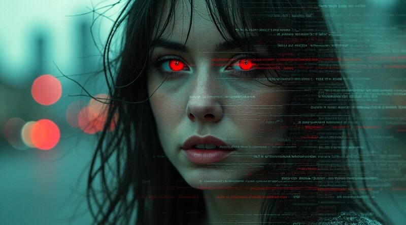 Kobieta rozpadająca się na kod binarny, odzwierciedlenie cyfrowego zniewolenia i psychologicznego rozpadu.