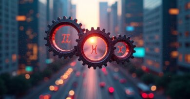 Abstrakcyjne, cyfrowe koła zębate i symbole matematyczne na rozmytym tle finansowej dzielnicy.