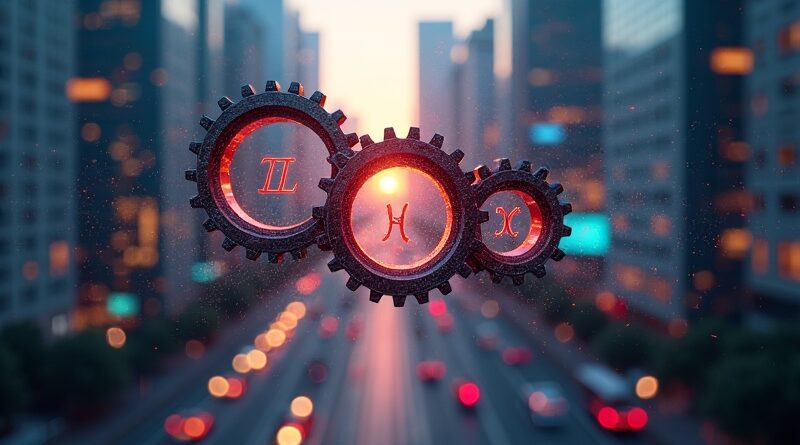 Abstrakcyjne, cyfrowe koła zębate i symbole matematyczne na rozmytym tle finansowej dzielnicy.