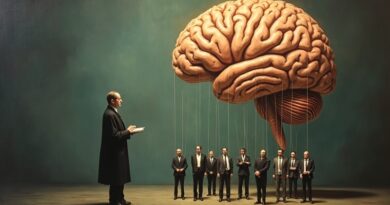 Marionetkarz kieruje marionetkami dziennikarzy i innowatorów, nad nimi mózg AI. Kontrola a autonomia.