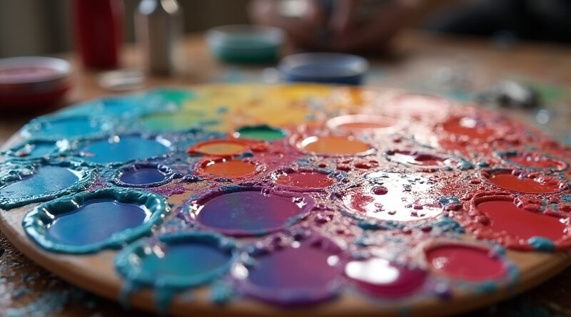 Paleta malarska z wirującymi farbami olejnymi. Delikatny wzór obwodu drukowanego ukryty pod warstwami farby. Fotorealizm, miękkie światło.