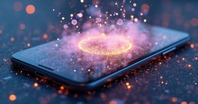 Smartfon rozpuszczający się w chmurze inteligentnych cząstek AI na tle sieci neuronowej.