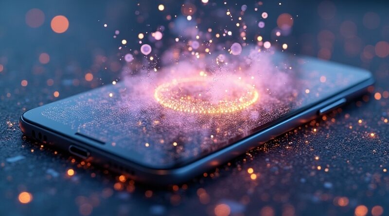 Smartfon rozpuszczający się w chmurze inteligentnych cząstek AI na tle sieci neuronowej.