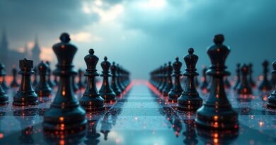 Szachowa rozgrywka: OpenAI (pion GPT) kontra różnorodne podejścia AI na tle burzowego krajobrazu.
