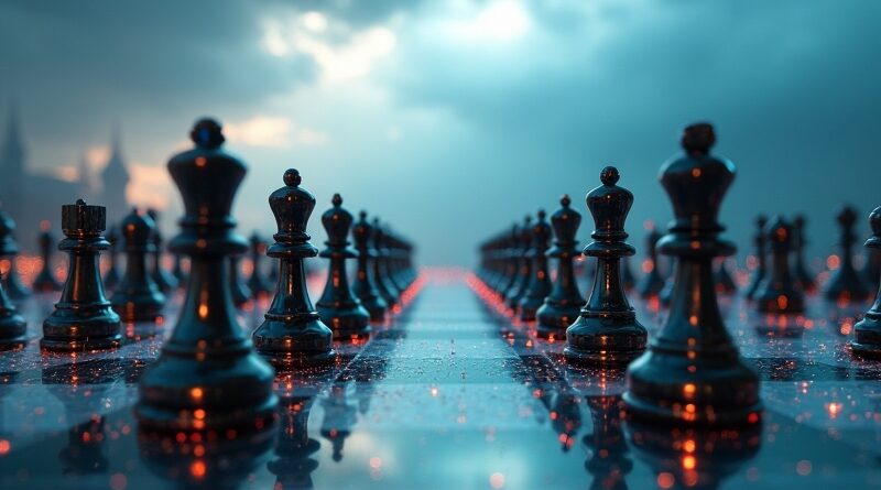 Szachowa rozgrywka: OpenAI (pion GPT) kontra różnorodne podejścia AI na tle burzowego krajobrazu.