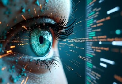 Cyfrowe oko rozbite na fragmenty obserwuje interfejs z kodem, przekształcając dane w notatki Markdown.