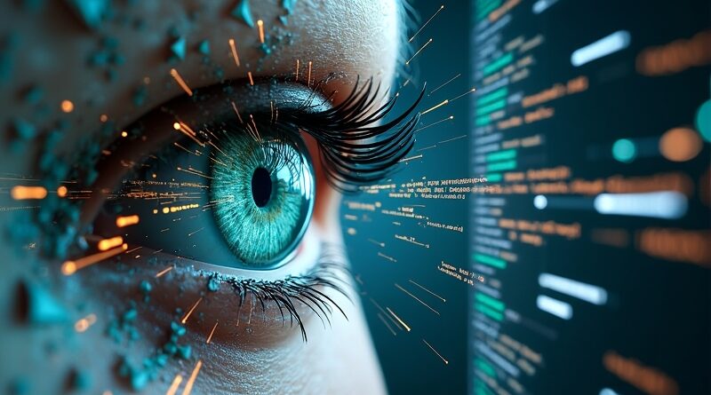 Cyfrowe oko rozbite na fragmenty obserwuje interfejs z kodem, przekształcając dane w notatki Markdown.