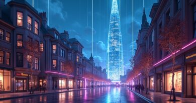 Futurystyczna wizja King's Cross z logo OpenAI z chmur kodu. Innowacje w sercu Londynu.