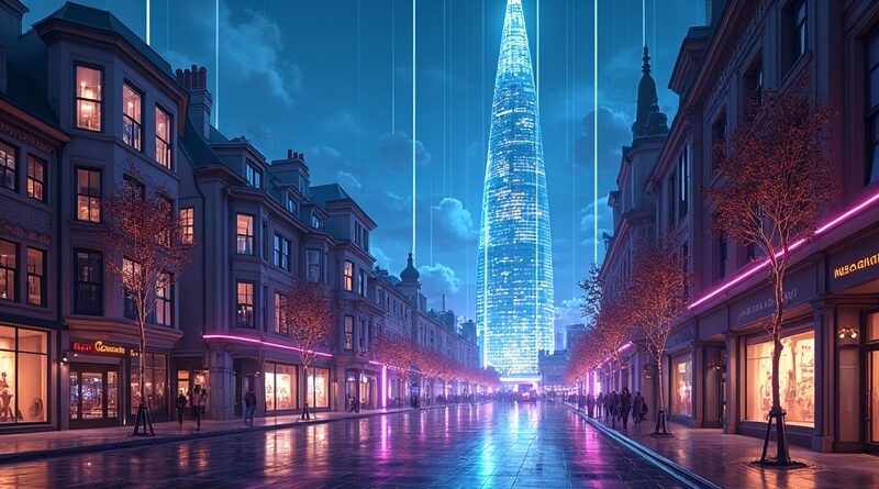 Futurystyczna wizja King's Cross z logo OpenAI z chmur kodu. Innowacje w sercu Londynu.