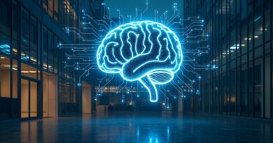 Abstrakcyjny mózg cyfrowy wyłaniający się z biurowca, symbolizuje autonomiczną pracę AI i sieci neuronowe.