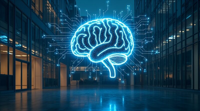 Abstrakcyjny mózg cyfrowy wyłaniający się z biurowca, symbolizuje autonomiczną pracę AI i sieci neuronowe.