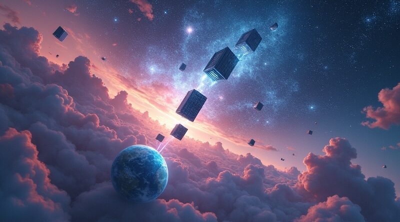 Surrealistyczna wizja orbitalnych serwerowni SpaceX na tle kosmicznej mgławicy, z Ziemią w dole.
