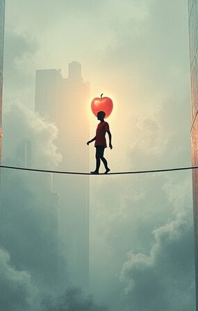 Akrobata na linie między drapaczami chmur "Adopcja AI" i "Zaufanie AI", chwytający cyfrowe jabłko. Burza danych poniżej.