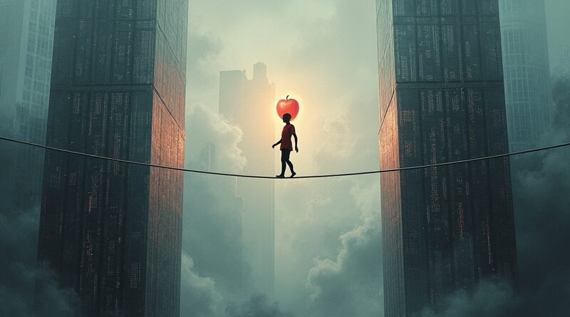 Akrobata na linie między drapaczami chmur "Adopcja AI" i "Zaufanie AI", chwytający cyfrowe jabłko. Burza danych poniżej.