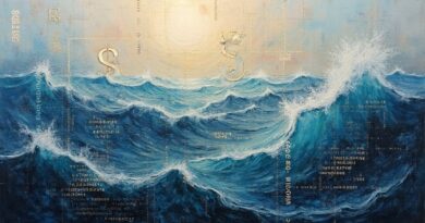 Abstrakcja: tonące dolary w oceanie kodu binarnego. Mroczne kolory, niepokój, zmarnowany potencjał.