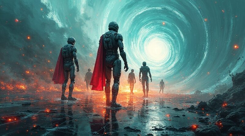 Futurystyczne pole bitwy algorytmów finansowych w cyfrowym wirze danych, symbolizujące autonomiczne oszustwa AI.