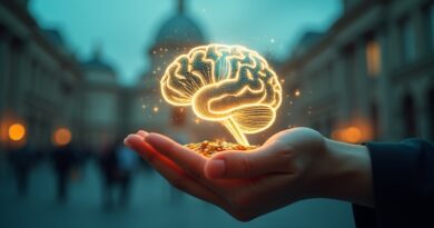 Cyfrowy mózg-dłoń oplatający monety i wykresy nad futurystyczną panoramą miasta. Inteligencja finansowa wspierana przez AI.