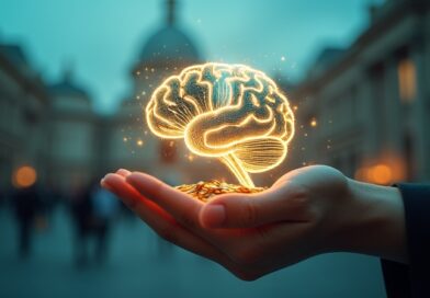 Cyfrowy mózg-dłoń oplatający monety i wykresy nad futurystyczną panoramą miasta. Inteligencja finansowa wspierana przez AI.