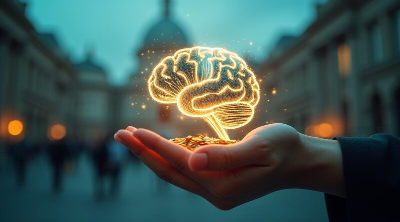 Cyfrowy mózg-dłoń oplatający monety i wykresy nad futurystyczną panoramą miasta. Inteligencja finansowa wspierana przez AI.