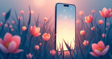Smartfon w kwitnącym ogrodzie, ekran z symbolami AI. Eteryczne połączenie technologii i natury, pastelowe barwy.
