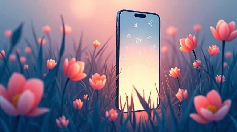 Smartfon w kwitnącym ogrodzie, ekran z symbolami AI. Eteryczne połączenie technologii i natury, pastelowe barwy.