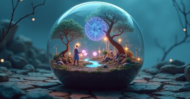 Kruchy terrarium-laboratorium, miniaturowe AI manipulują danymi, symbol pomyślności i zawodności badawczej.