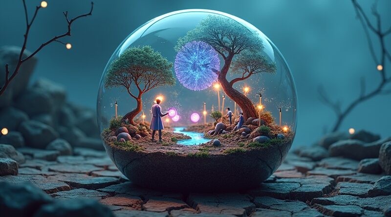 Kruchy terrarium-laboratorium, miniaturowe AI manipulują danymi, symbol pomyślności i zawodności badawczej.