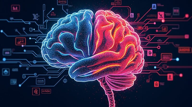 Abstrakcyjne połączenie AWS i OpenAI w mózgu, strumienie pieniędzy symbolizują konkurencję w AI.