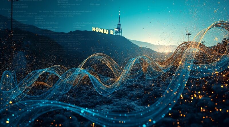 Abstrakcja: binarny kod przechodzący w taśmy filmowe, w tle zniekształcony znak Hollywood. Elektryczny błękit i złoto.