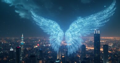 Kruche, świetliste skrzydło chroni cyfrową metropolię przed wirującą nebulą binarnych danych.