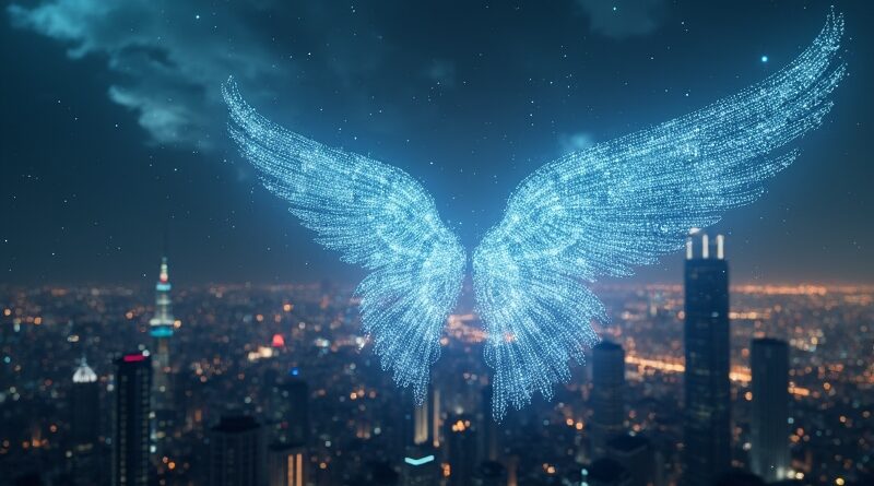 Kruche, świetliste skrzydło chroni cyfrową metropolię przed wirującą nebulą binarnych danych.