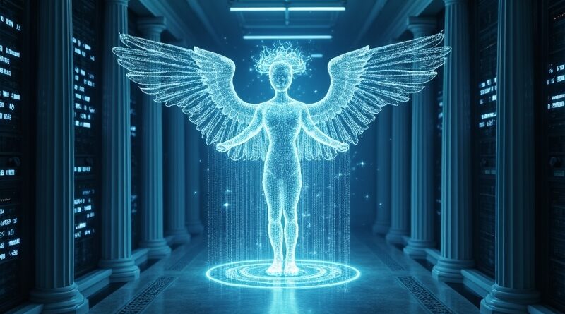 Hermes jako sieć AI w futurystycznym serwerze, symbolizująca projekt OpenAI i agentów AI.