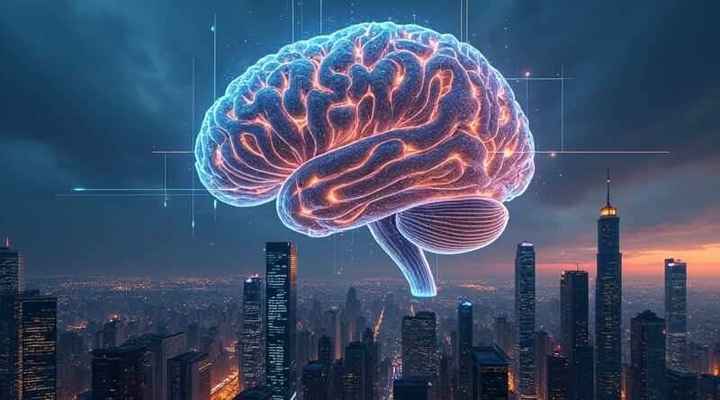 Futurystyczne miasto splecione z mózgiem, twarz Jeffa Bezosa w panoramie, symbol Projektu Prometheus.