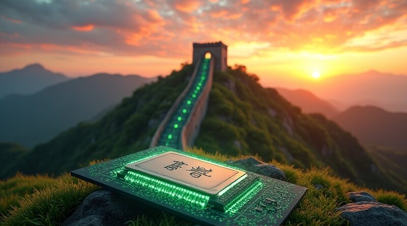 Wielki Mur przechodzący w płytę PCB, symbol chińskiej innowacji AI, mikroukład z chińskimi znakami.