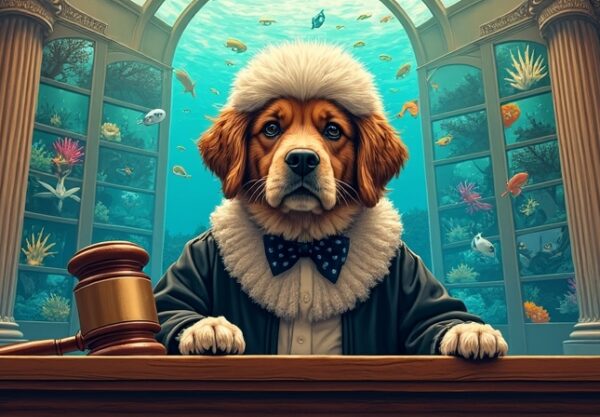 Sędzia-pies w peruce i z młotkiem. Tło: komiksowe kadry scen podwodnych. Surrealistyczne spojrzenie AI na prawo.