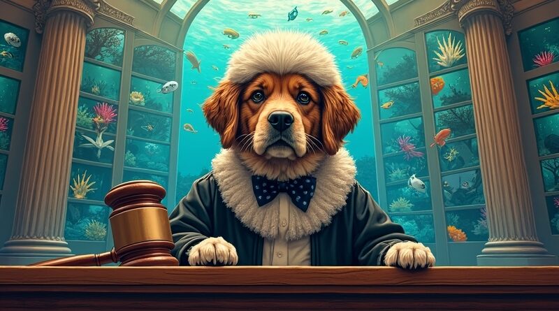 Sędzia-pies w peruce i z młotkiem. Tło: komiksowe kadry scen podwodnych. Surrealistyczne spojrzenie AI na prawo.