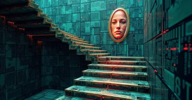 Surrealistyczne schody z cyfrowych obwodów, zniekształcone odbicie twarzy w lustrze, glitch i manipulacja AI.