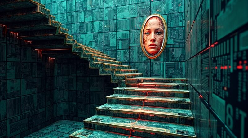 Surrealistyczne schody z cyfrowych obwodów, zniekształcone odbicie twarzy w lustrze, glitch i manipulacja AI.