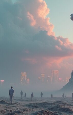 Futurystyczny superkomputer na opustoszałej równinie, zegary, rozmyte sylwetki, neonowe światło – technologiczny triumf i społeczny niepokój.